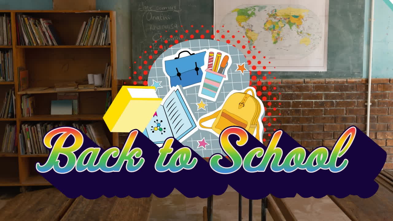 빈 교실 위에서 학교로 돌아가는 텍스트의 애니메이션