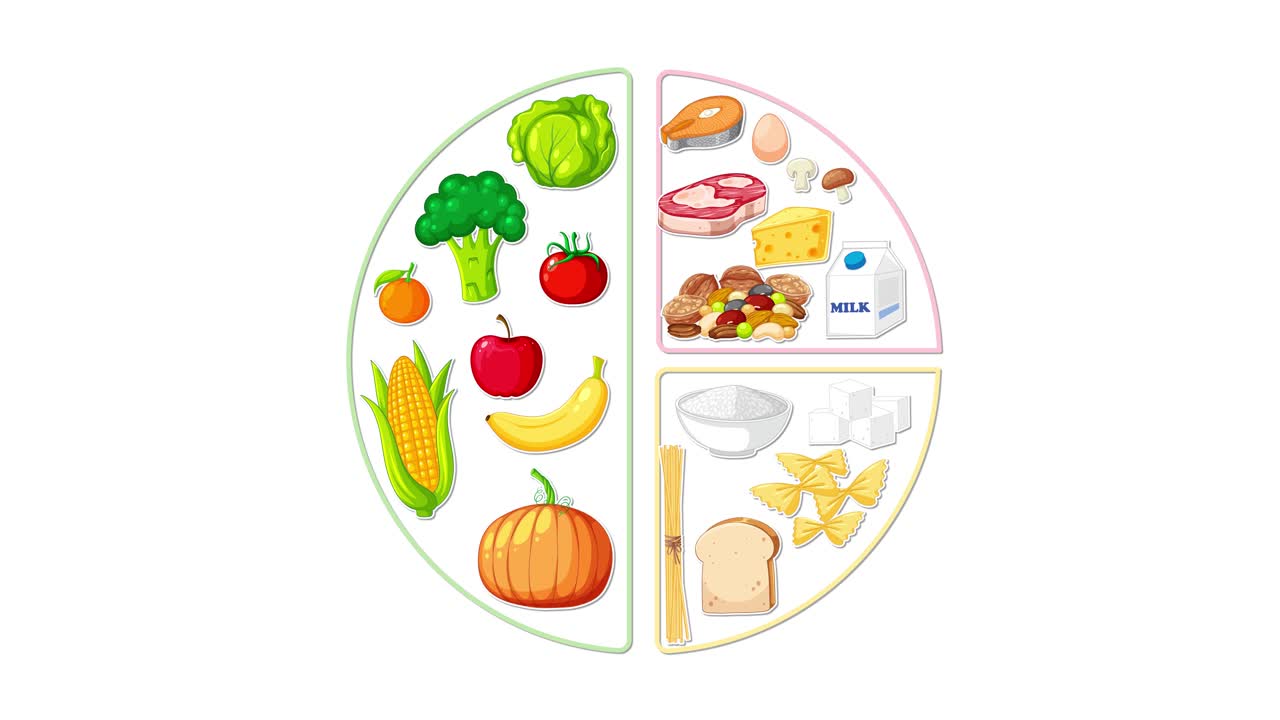 Colorful food group icons fill a segmented circle, illustrating balanced nutrition on white background
