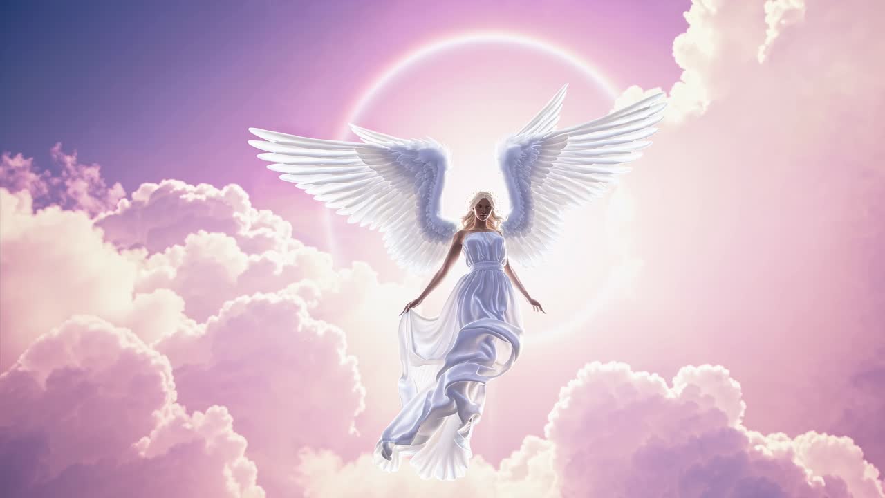 A celestial angel with wings floats amidst pink clouds, captured from a low-angle