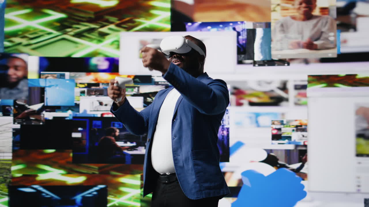 Black male expert uses high tech VR glasses for mobile feeds