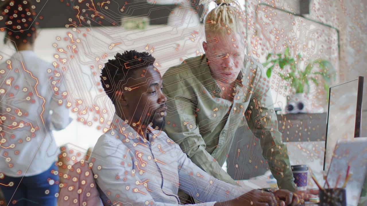 사무실에서 다양한 남성 동료들을 대상으로 한 집적 회로의 애니메이션