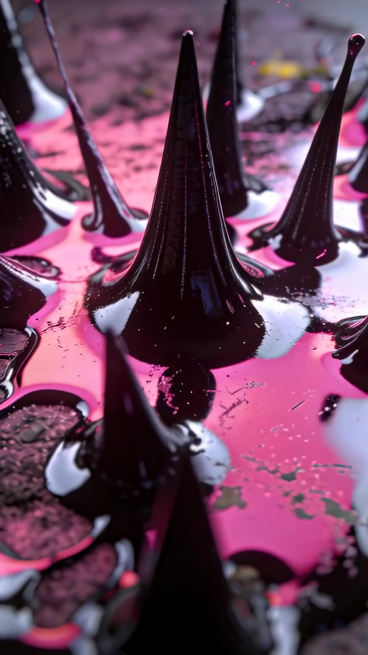 Vidéo verticale : Caméra en mouvement capturant des pointes coniques noires brillantes sur un film rose pour montrer les détails.