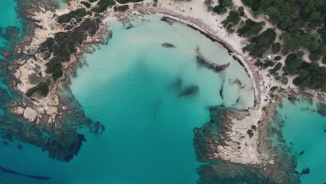 Vista-Aérea-De-Arriba-Hacia-Abajo-De-La-Playa-De-Karidi-En-Sithonia,-Chalidiki,-Grecia