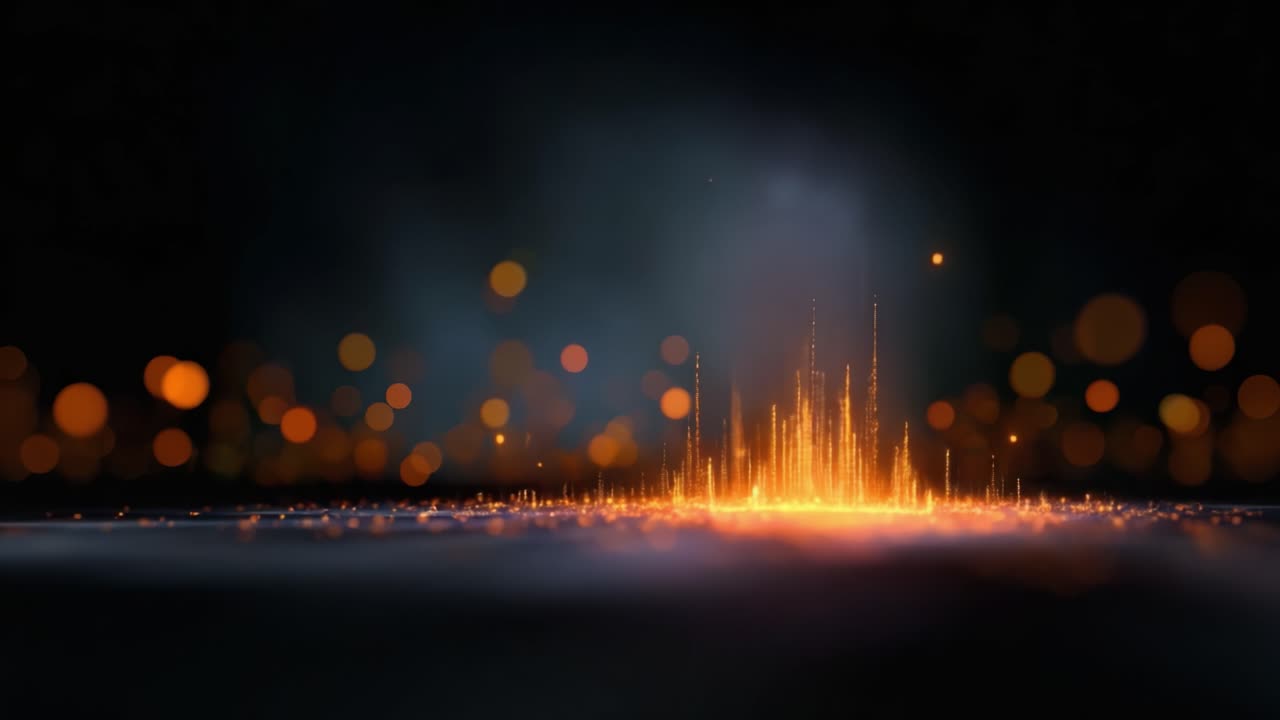 Sequenza visiva accattivante di scintille che si sollevano e particelle luminose su sfondo scuro, che evidenzia un'ipnotica esibizione di effetti di luce e colore