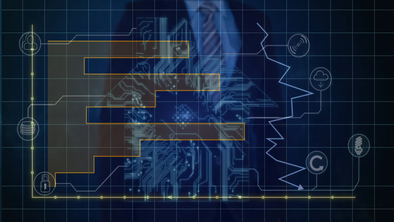 man presenting business data using holographic bar chart and glowing globe with floating icons
