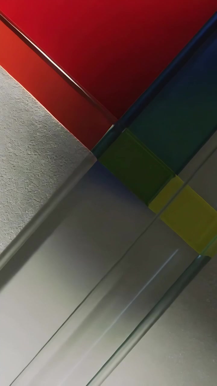 Vídeo vertical: Câmera girando e inclinando para baixo, revelando painéis coloridos no cômodo, tiras transparentes.