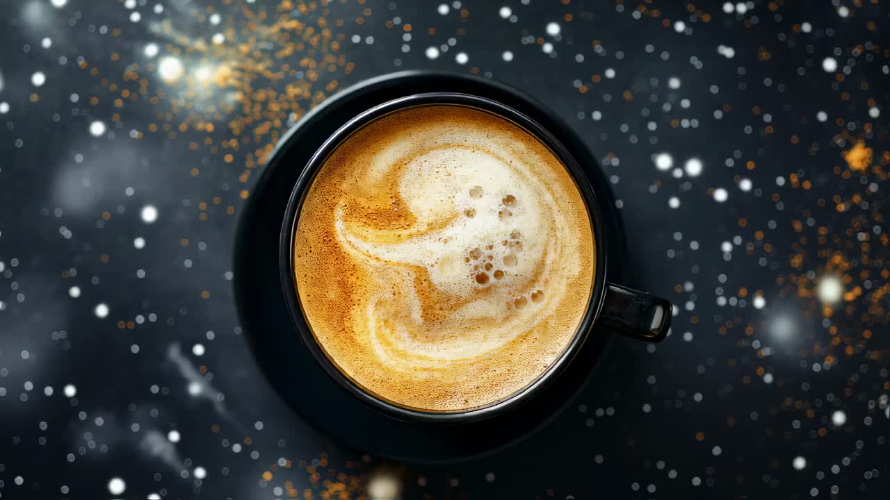 Steaming coffee cups featuring intricate latte art arranged on dark starry background, showcasing barista craftsmanship and artistic beverage presentation