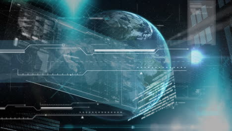 interfaz digital con procesamiento de datos contra el giro del globo sobre fondo negro