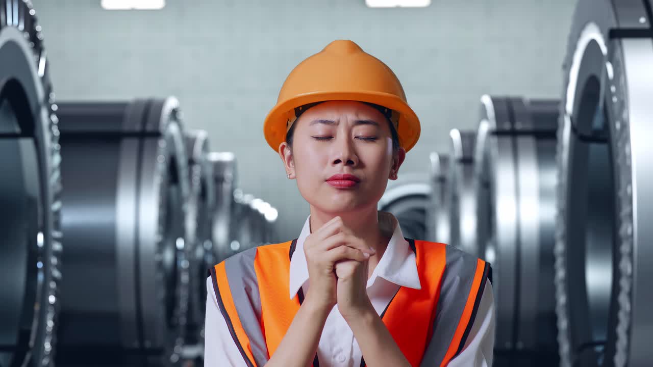 안전 헬을 입은 아시아 여성 엔지니어가 금속 공장에서 서 있는 동안 무언가를 위해 기도합니다.