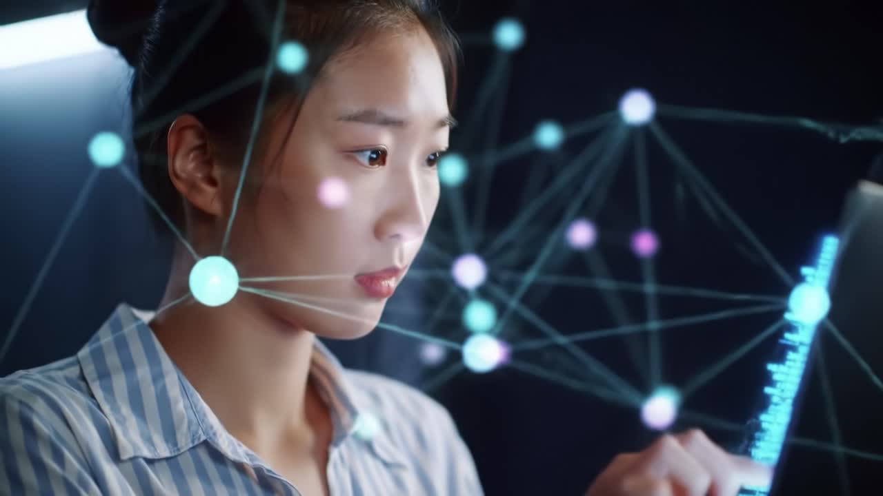 Engaged in Data Analysis: A Young Professional Working with Digital Networks and Advanced Technology to Visualize and Interpret Complex Information.