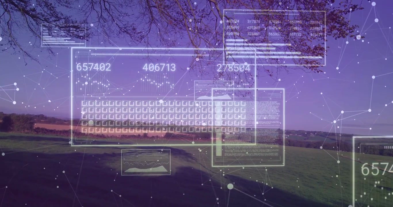 On startup wireframe HUD panels appearing over farm fields, visualizing crop data, network settling