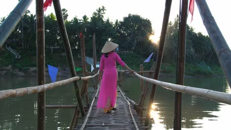 vietnamese girl in traditional dress walking on bamboo bridge cross river, video in 4k