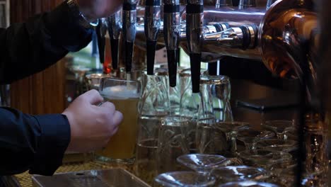 barman vertiendo una pinta de cerveza del grifo de acero inoxidable