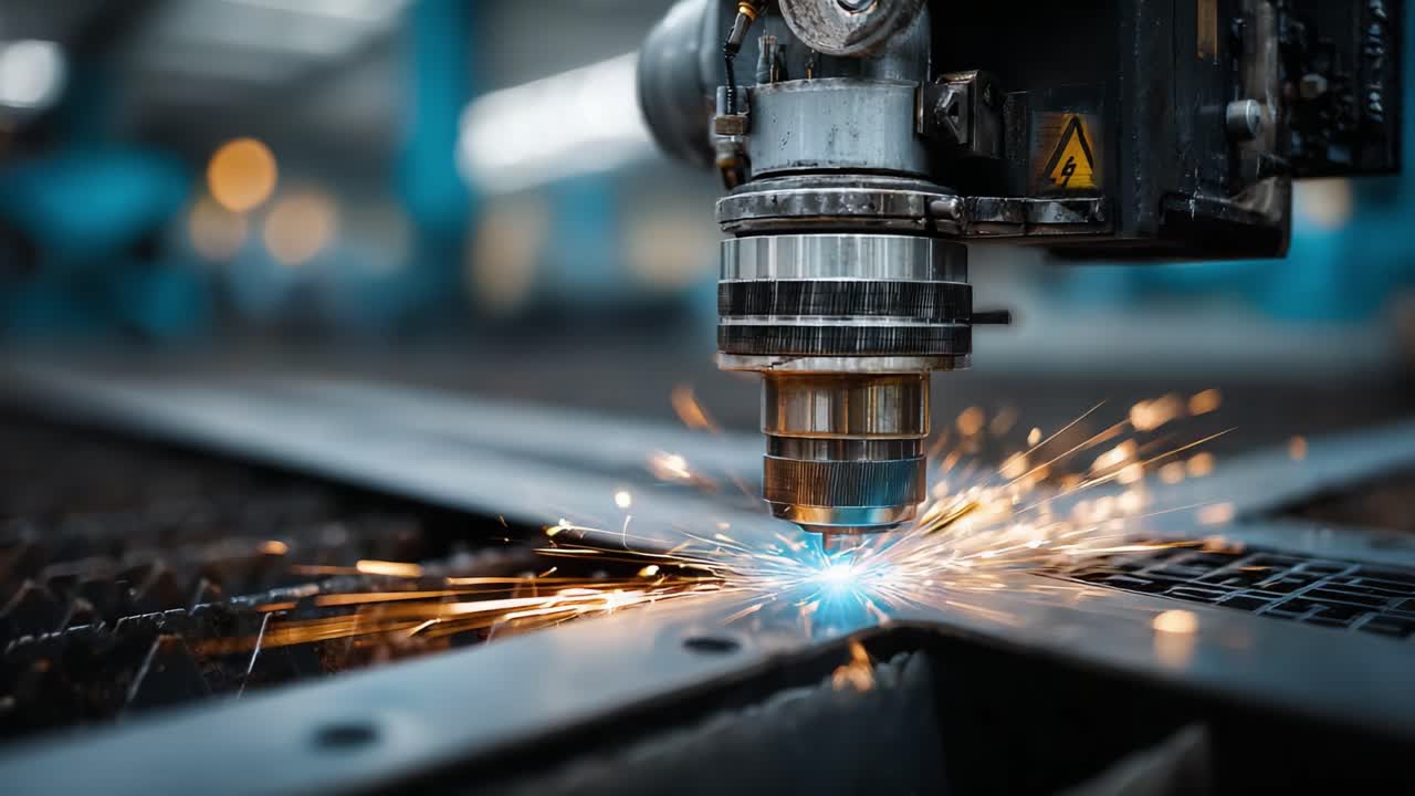 High-Precision Laser Cutting Process Showcasing the Dynamic Interaction Between the Laser Beam and Metal, Creating Stunning Sparks in a Controlled Industrial Environment