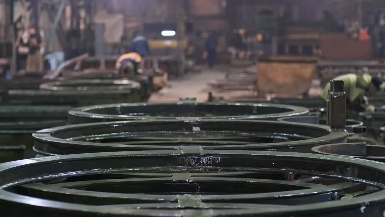 금속 제조 공장에서 큰 강철 부품