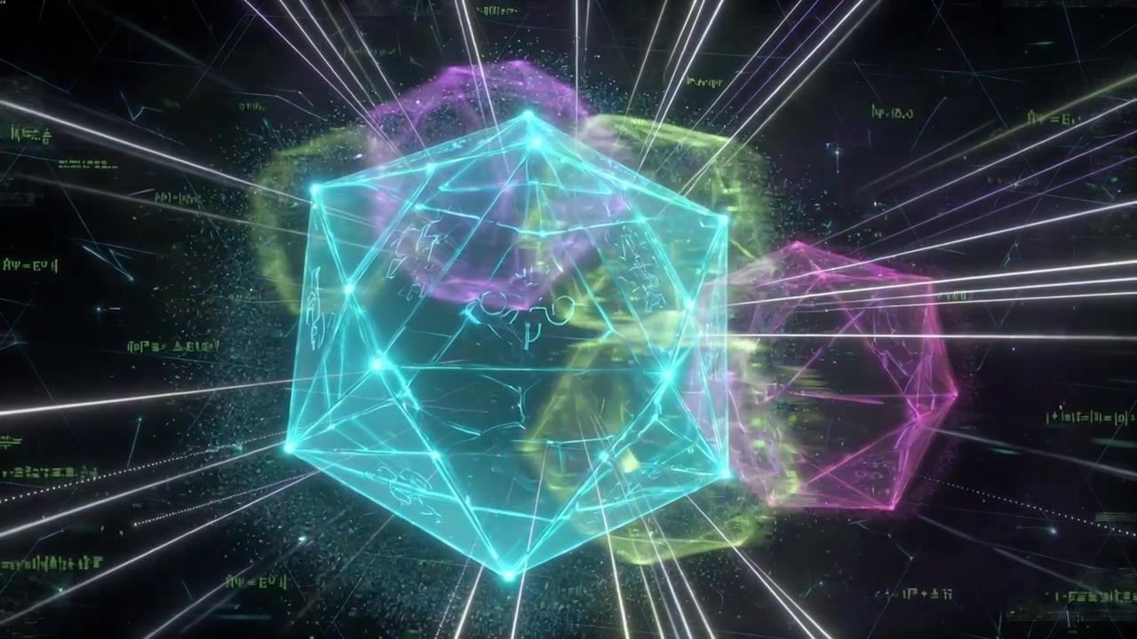 Glowing Geometric Shapes Rotating in Abstract Digital Space