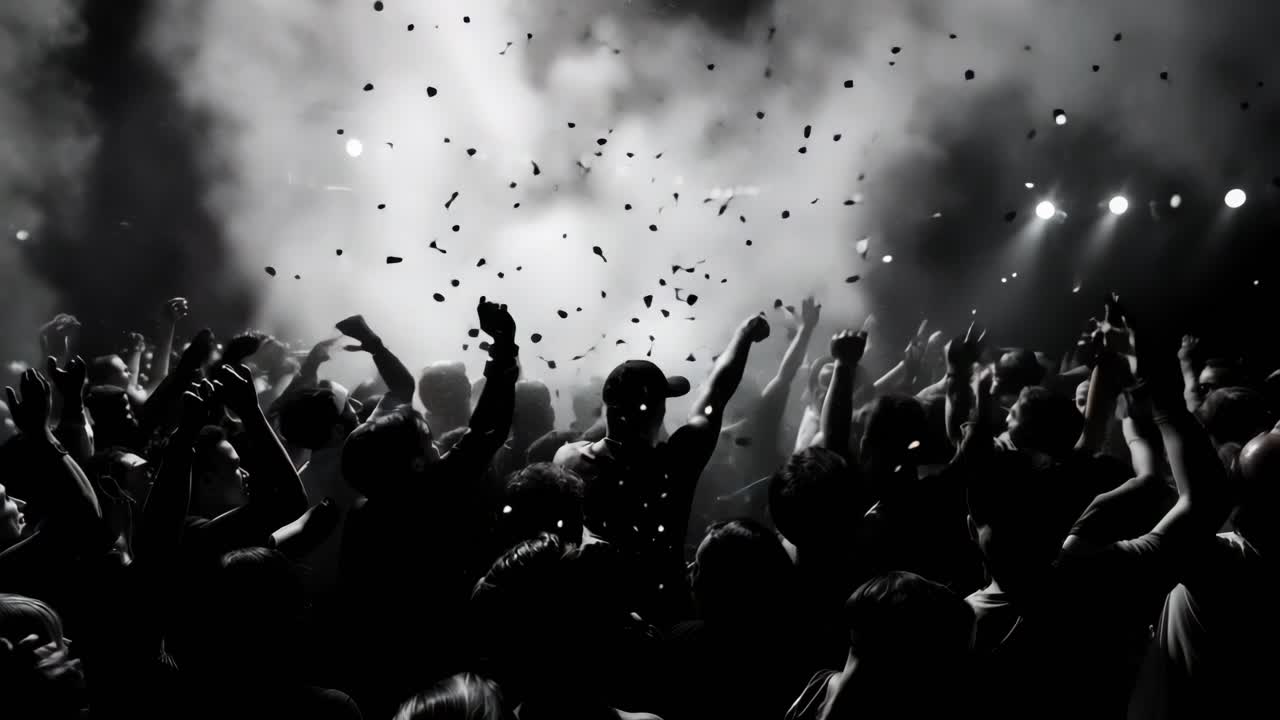 Scena video dinamica in bianco e nero di una folla vivace a un concerto, ripresa da un angolo basso