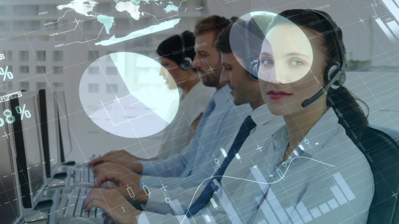 animación del procesamiento de datos financieros sobre personas de negocios que usan auriculares