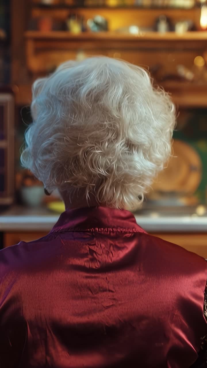 Una donna è seduta, guarda una vecchia TV, in una stanza poco illuminata. I suoi capelli bianchi si arricciano dolcemente, incorniciando il suo sguardo tranquillo. Una blusa di raso rosso cattura una luce soffusa e calda. Dietro di lei, la televisione si illumina.