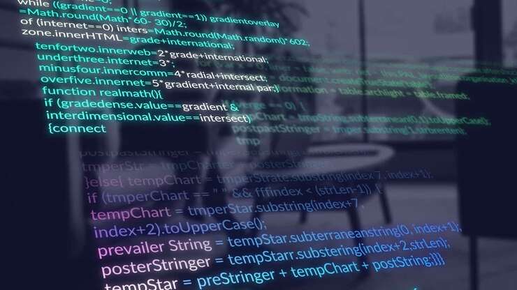 Animation von Datenverarbeitung vor einer Frau, die im Büro einen Laptop verwendet