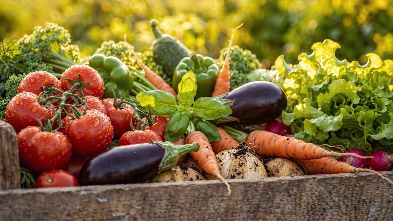 Una vibrante exhibición de verduras recién cosechadas que muestra la generosidad de la naturaleza en una caja de madera rústica rodeada de exuberante vegetación y un glorioso atardecer