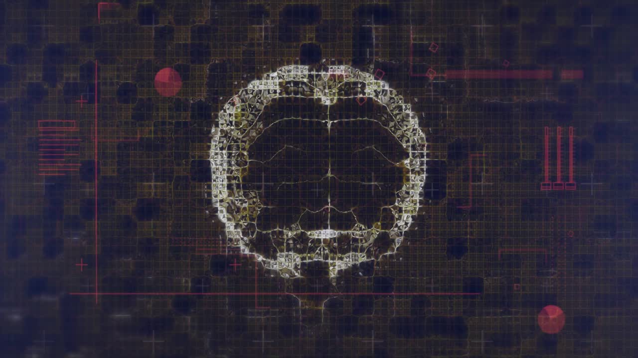 Hex grid red circle appearing left brain outline emerging rotating scanning for neural activity