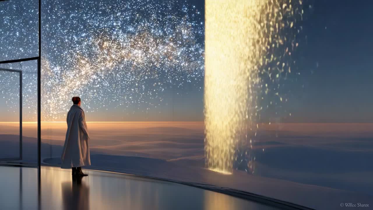 A lone figure stands gazing at a breathtaking cosmic view from a modern structure, surrounded by shimmering stars and an enchanting celestial landscape, deep in contemplation of the universe's beauty