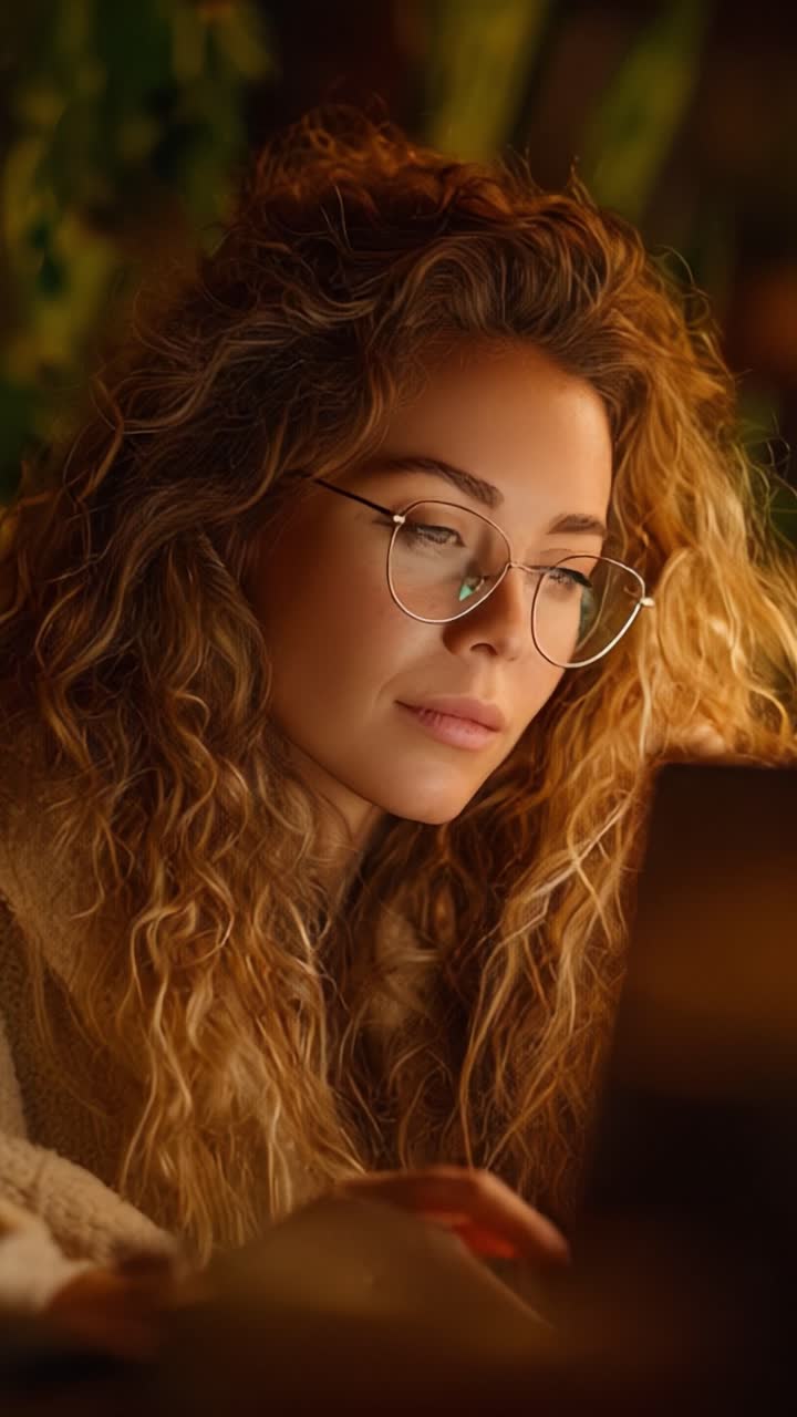 A Deeply Engaged Woman with Curly Hair and Glasses Focuses on Her Laptop, Surrounded by Warm and Inviting Lighting, Perfect for Inspiration and Creativity