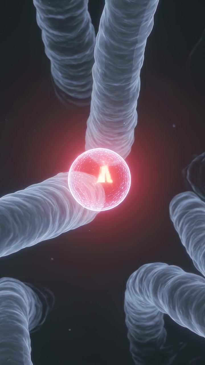Video verticale: Sfera luminosa pulsante che cambia colore dal blu al rosso all'interno di fibre tubolari fioche, con un triangolo che scintilla nelle vicinanze.