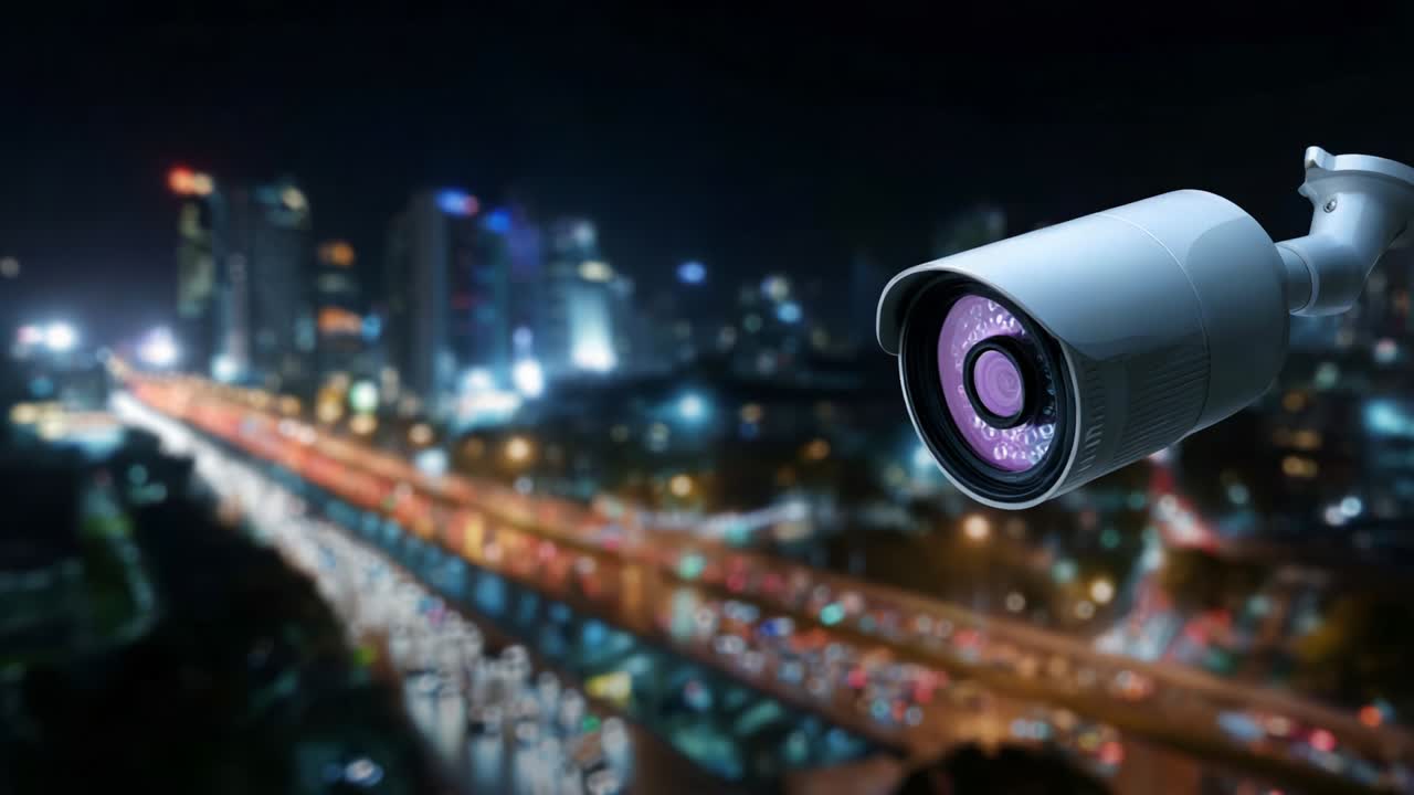 Surveillance Camera Observing Urban Night Traffic, Capturing the Glow of City Lights and Movement in a Dynamic Metropolis, Emphasizing Security and Monitoring in Modern Infrastructure