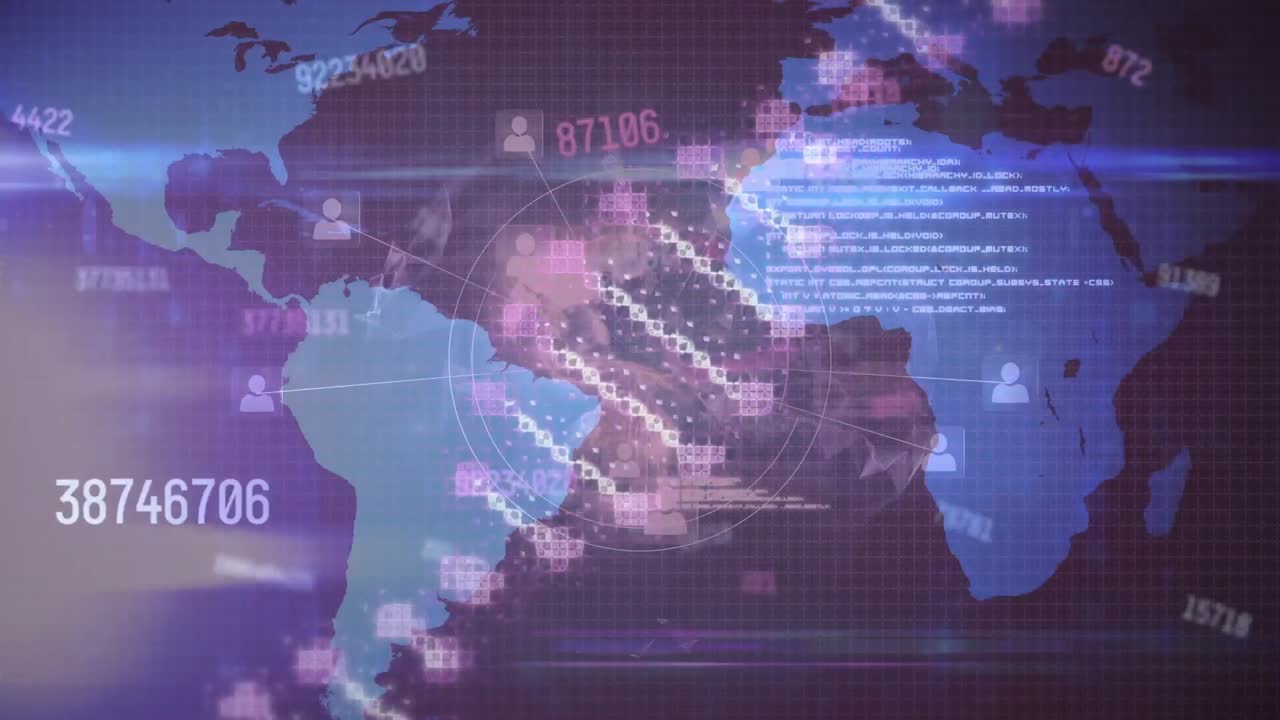 심박수 모니터, 글로브, 그래프 및 데이터 처리 위에 회전하는 dna 가닥의 애니메이션