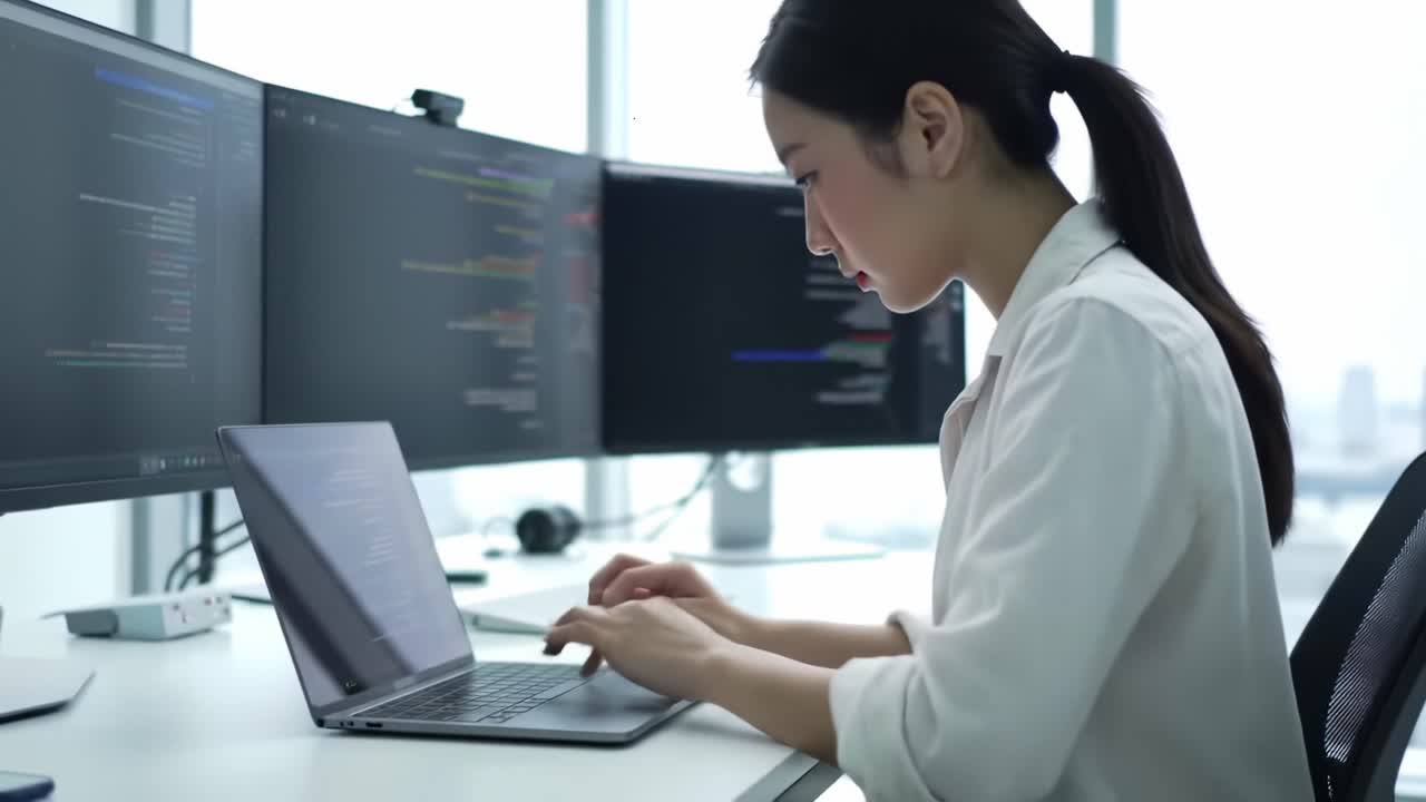 Focused Programmer Working Intently on Laptop Surrounded by Multiple Monitors Displaying Code in a Bright, Modern Office Environment