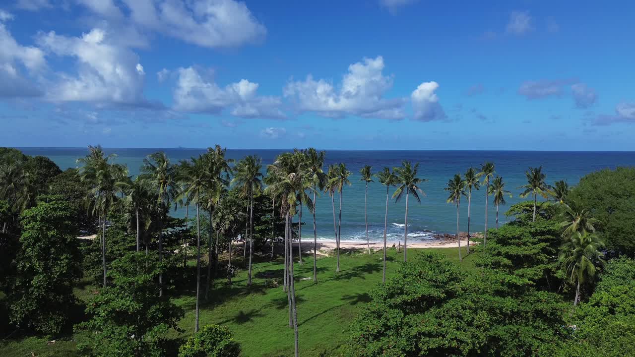 Aerial steady shot drone footage of a hidden tropical beach in Koh Lanta, Thailand, featuring swaying palm trees, golden sand, and clear blue water, with no people