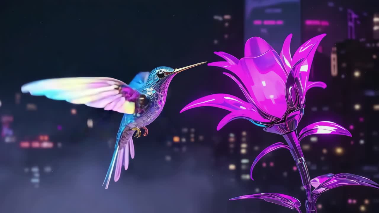 Futuristic Metallic Hummingbird with Glowing Flower in Cyberpunk City