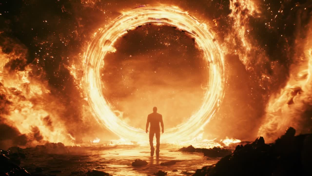 Silhouette of a person walking towards a fiery portal, captured from a low-angle
