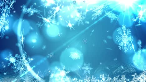 Animation-of-snow-falling-over-christmas-bauble-decorations-on-blue-background