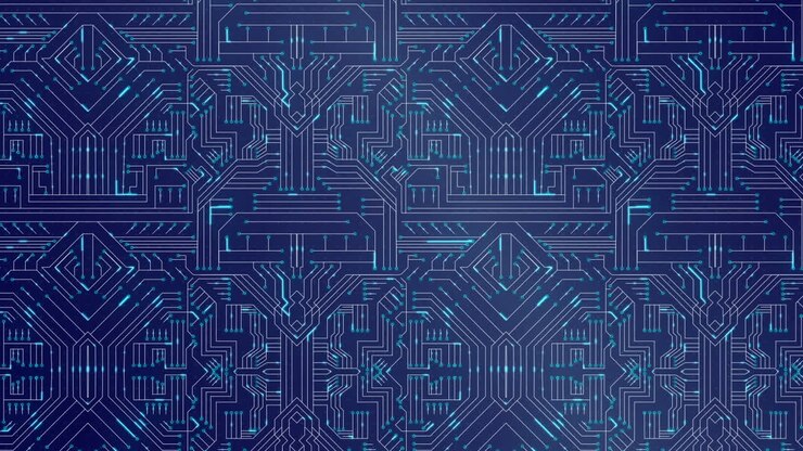 Digital animation of red scope scanning over microprocessor connections against blue background
