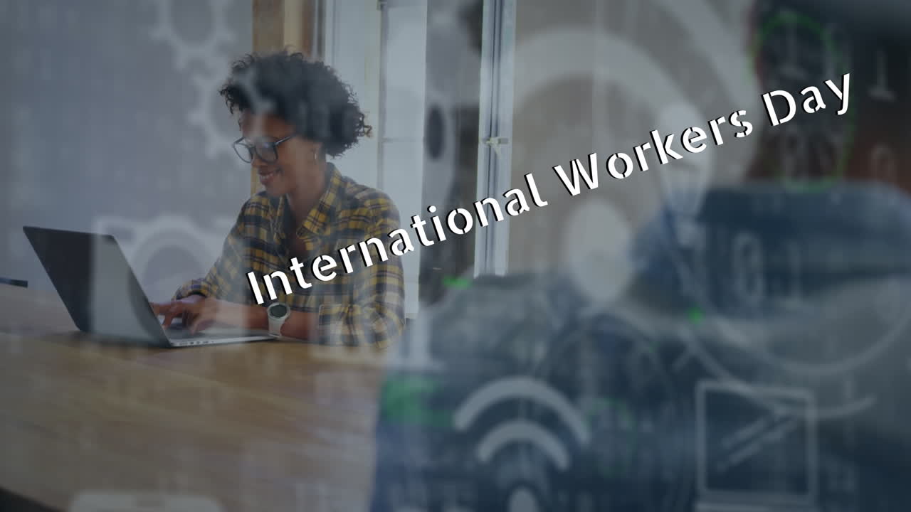 Animation of international workers day text over diverse business people in office