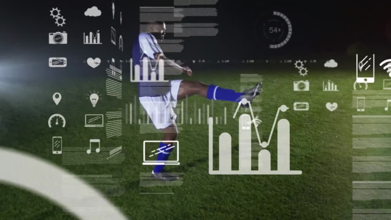 animación de gráficos y lenguaje de programación sobre un jugador afroamericano pateando una pelota de fútbol