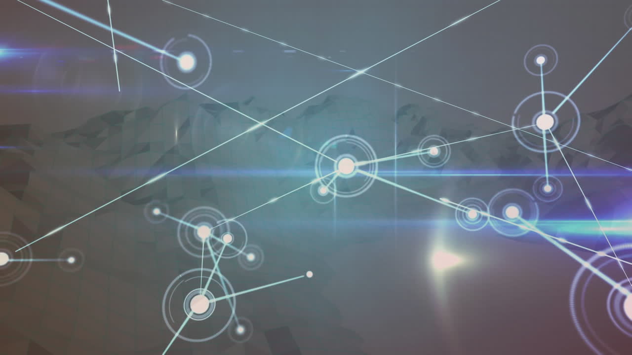 회전하는 산 위에 빛나는 반점이 있는 연결 네트워크의 애니메이션