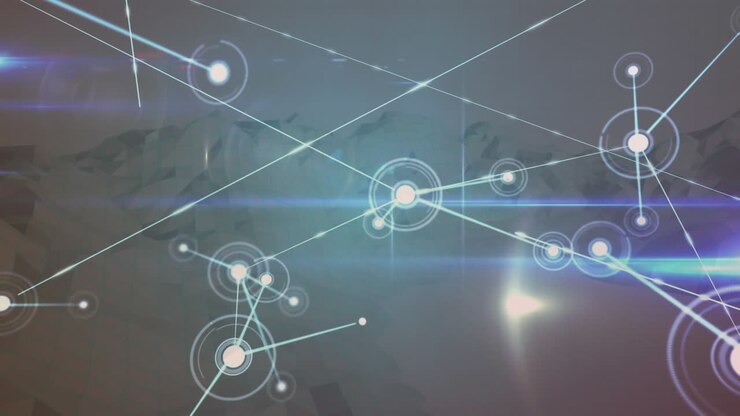 Animation of networks of connections with glowing spots over spinning mountains