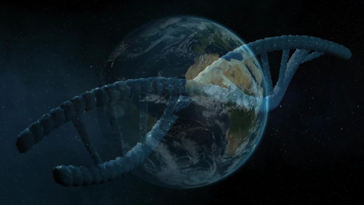 DNA helix entering left initiating spiraling motion across rotating Earth visualizing genetic link