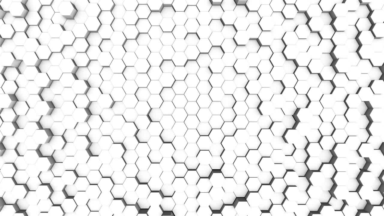 Animation white polygonal cylinders of hexagons. Embossed 3D texture background with random movement of figures.