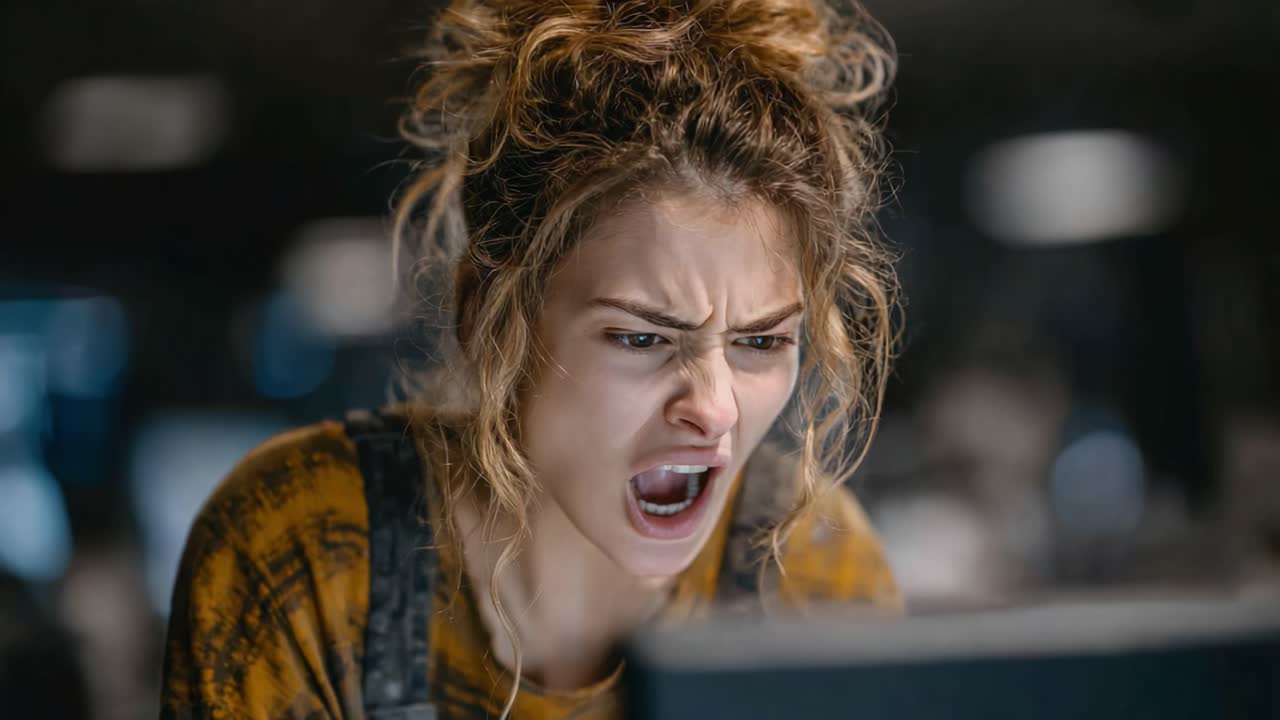 Intense Frustration: A Young Woman's Emotional Outburst While Engaged with Technology, Capturing the Struggles of Modern Life in a Digital Era