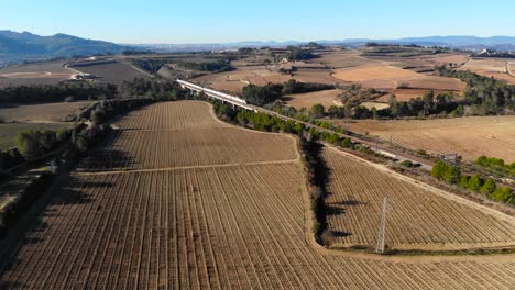 Antena:-Tren-De-Alta-Velocidad-De-Dos-Pisos-En-España-Entre-Viñedos-Entre-Barcelona-Y-Madrid,-En-Cataluña