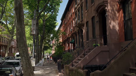 a serene summer day on joralemon street in brooklyn, showcasing classic brownstone buildings and lush trees with two young women walking along the sidewalk.