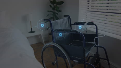 animation of medical icons over wheelchair in hospital room