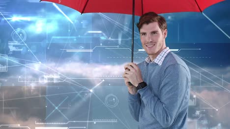 Animation-of-businessman-with-red-umbrella-over-network-of-connections-and-data-processing