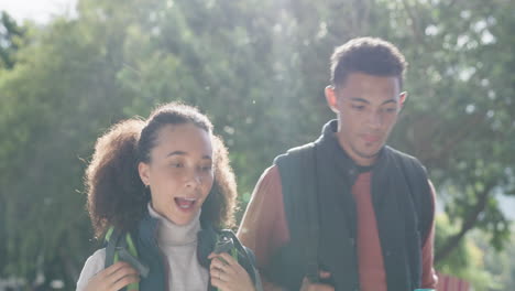 Hiking,-couple-and-walking-in-a-forest-for-travel