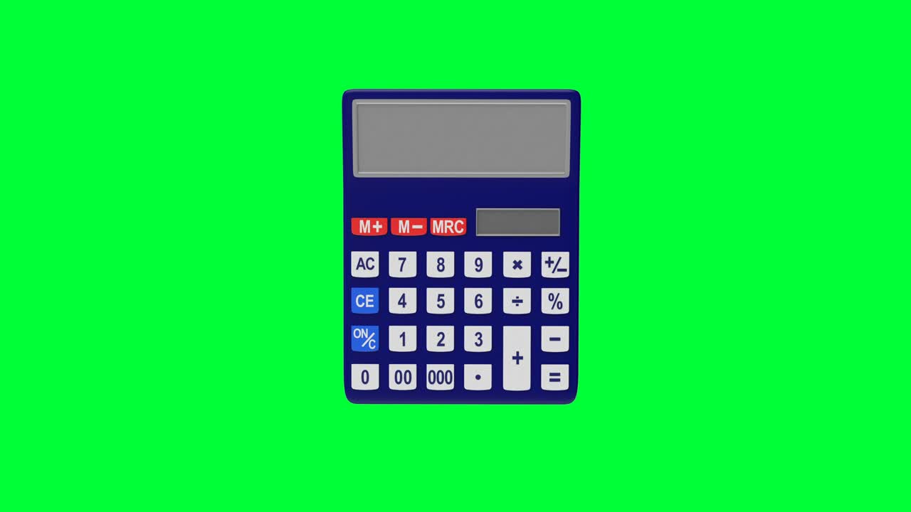 animación 3d de una calculadora con negocios en pantalla verde. 4k